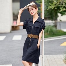 时尚休闲翻领工装风连衣裙女2025夏季新款小个子宽松显瘦短袖裙子，女装连衣裙，沁沁公主