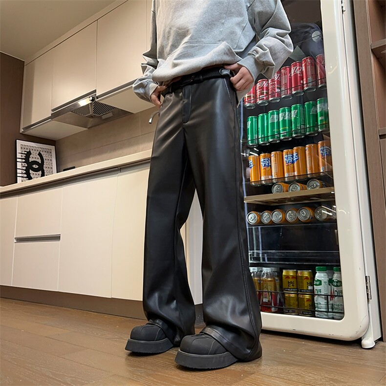 02美式高街vibe皮裤复古宽松微喇PU皮休闲裤潮XZ211-1-K2449-P60，男装皮裤，星座211-1