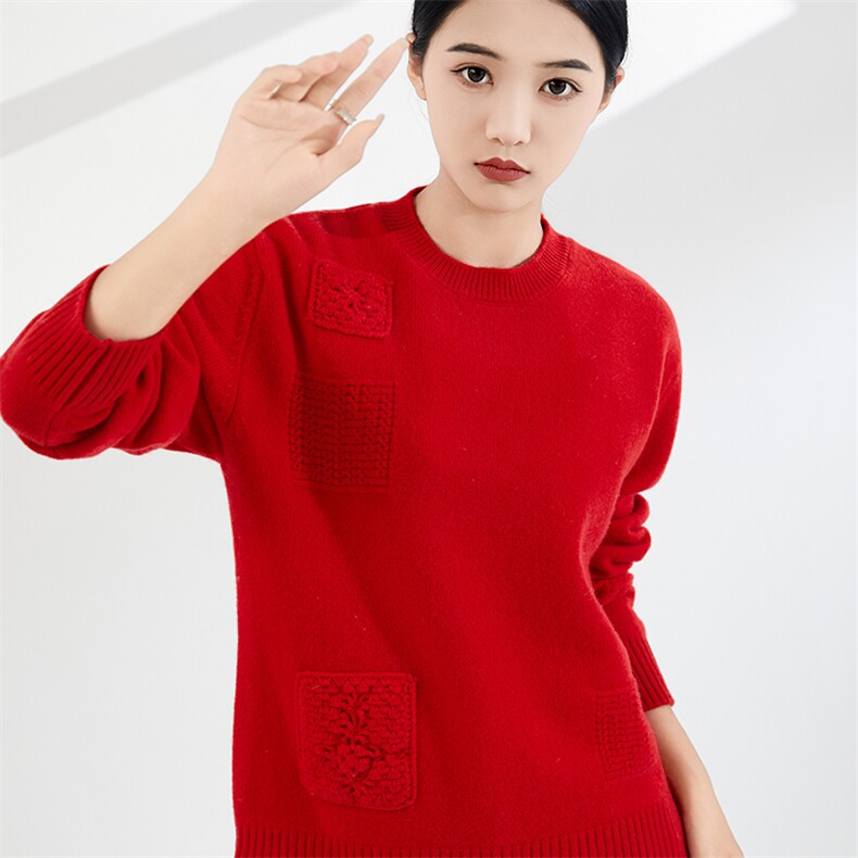 女士秋冬季新款时尚钩花圆领羊毛衫,女装羊毛衫,奢优羊绒