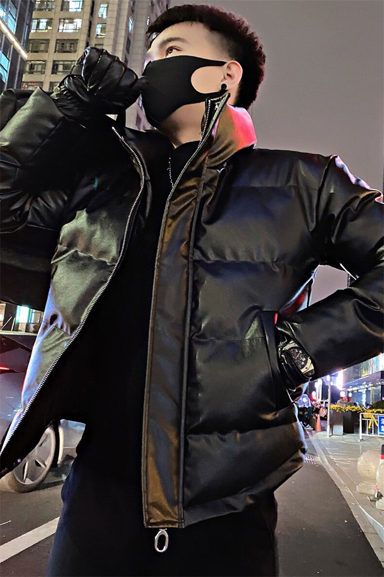 GU17/特P138控178冬季社会小伙亮面立领pu冲锋衣保暖潮牌棉衣男黑,男装棉衣,星座305B