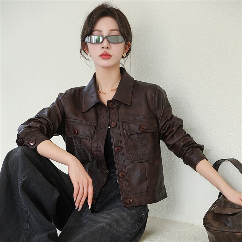 现货欧洲站2024春秋季新款欧货仿绵羊皮皮衣宽松短款夹克外套女,女装皮衣,美拉德工厂直营店