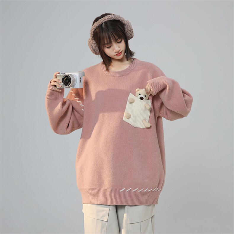 可爱小熊毛衣男女秋冬ins小众奶系百搭情侣XZ225-3-MY05-P80控108图片