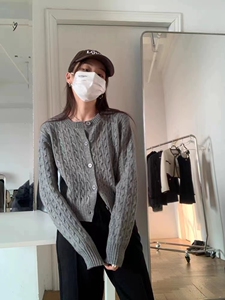 安哥拉红~秋冬衫女圆领麻花开衫显瘦短款毛衣外套针织羊毛衫图片