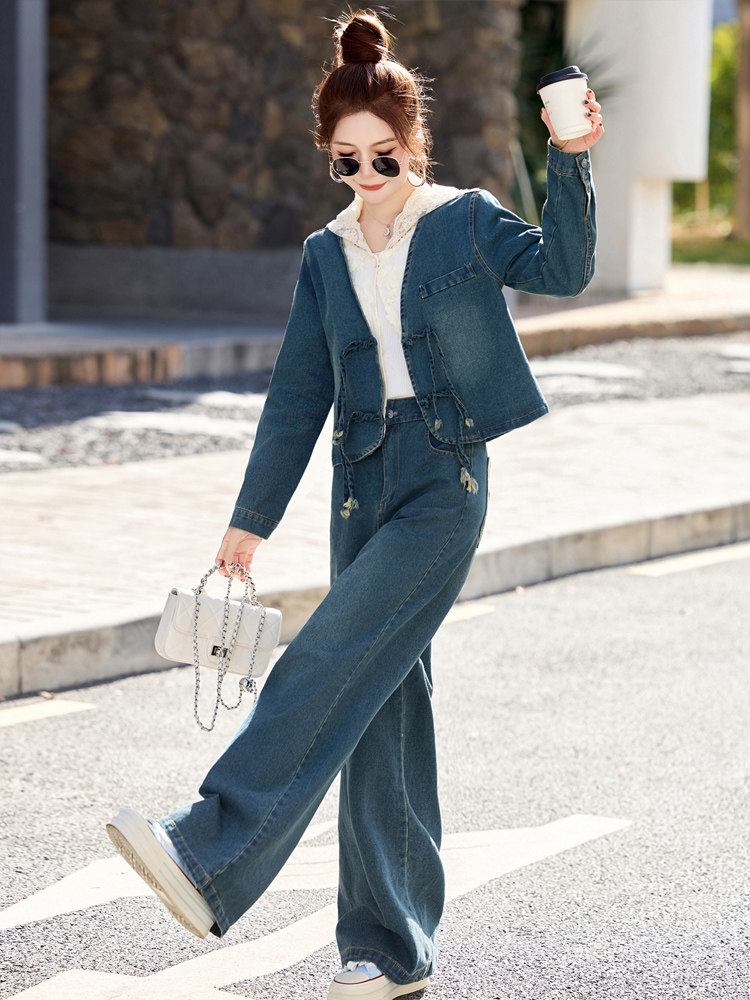 新中式蕾丝拼接牛仔套装女2026春季新款复古盘扣时尚两件套潮,女装套装/套裙,欣品汇