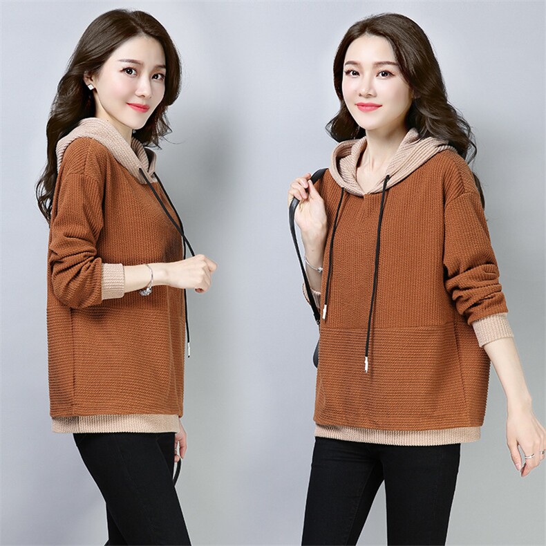 秋装女装宽松显瘦2026年春款潮韩版妈妈装拼色套头宽松连帽卫衣女，女装卫衣/绒衫，简韵佳