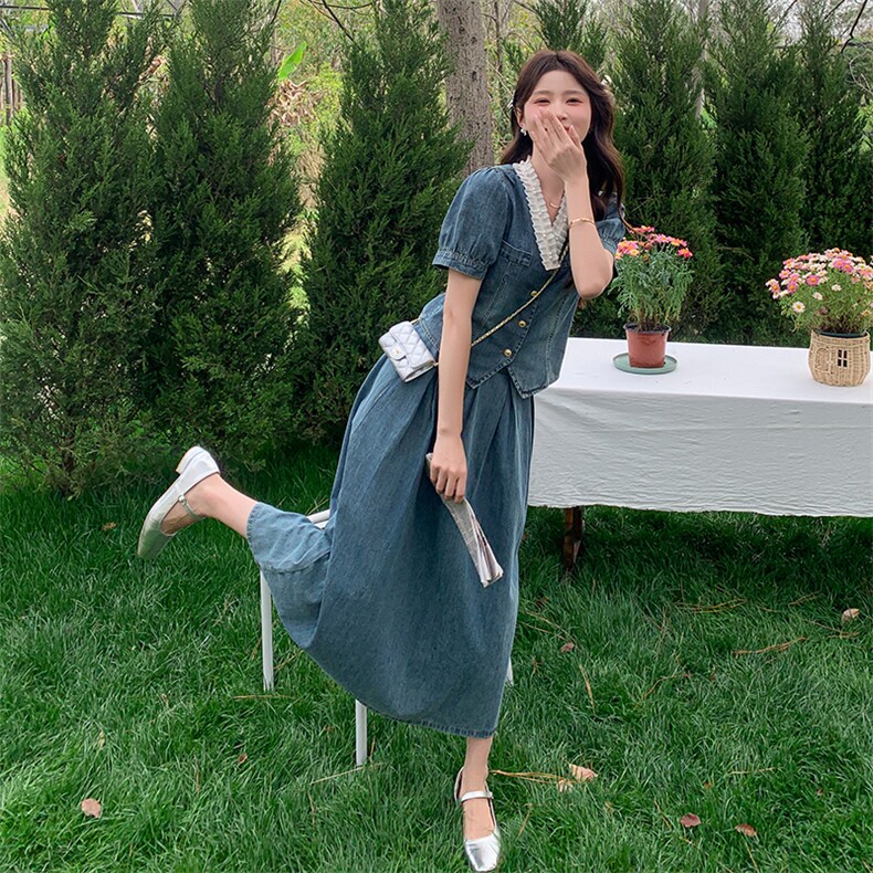 时尚韩系牛仔裙女2025年夏季新款泡泡袖v领上衣半身裙,女装连衣裙,维壹