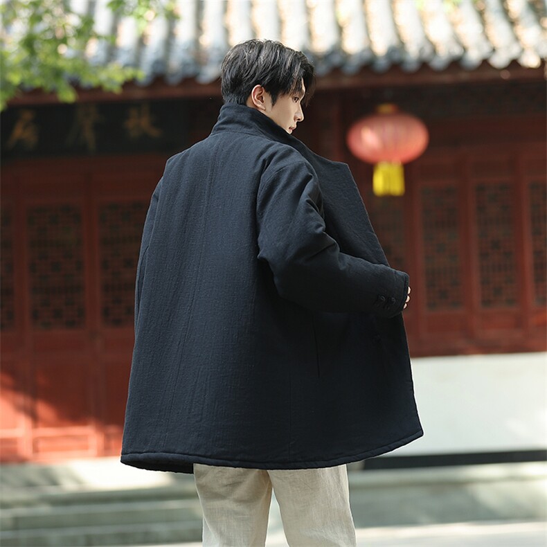 风唐装中长款加藏青色棉衣冬款立领大码棉麻保暖棉服1219p198,男装棉衣,电商A016