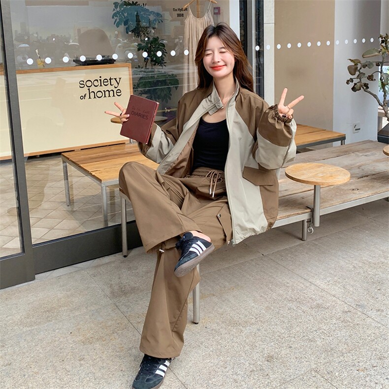 撞色拼接工装外套阔腿裤套装女2025春秋季新款韩版休闲显瘦两件套,女装套装/套裙,2C277