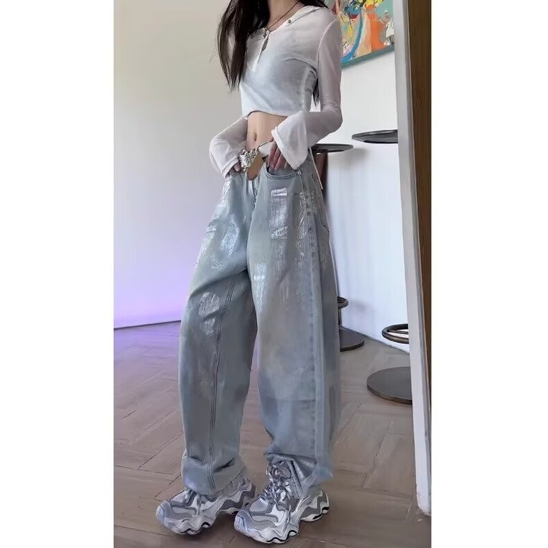 烫银色高腰天丝阔腿牛仔裤女秋季新款美式小众梨形身材垂感拖地裤，女装牛仔裤，星座218-8