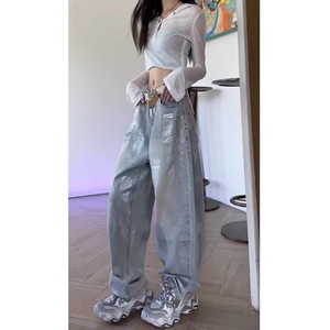 烫银色高腰天丝阔腿牛仔裤女秋季新款美式小众梨形身材垂感拖地裤图片
