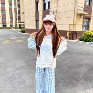 美式高街星星刺绣连帽卫衣男女秋冬季新款情侣撞色拼接外套上衣图片