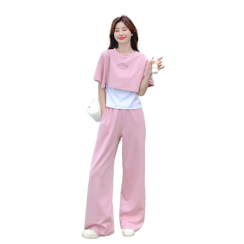 韩版甜美减龄假两件T恤套装女2025夏季新款宽松显瘦阔腿裤两件套,女装套装/套裙,2C052