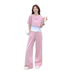 韩版甜美减龄假两件T恤套装女2025夏季新款宽松显瘦阔腿裤两件套，女装套装/套裙，2C052