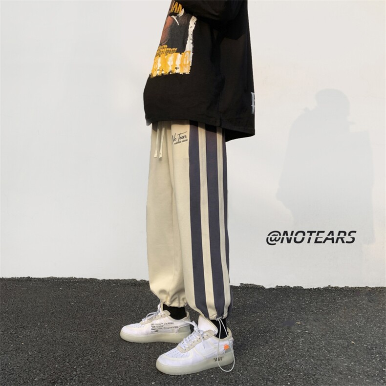 2023春新款学院风撞色条纹阔腿裤抽绳束脚运动裤KZ11-P50控79,男装休闲裤,星座914-3