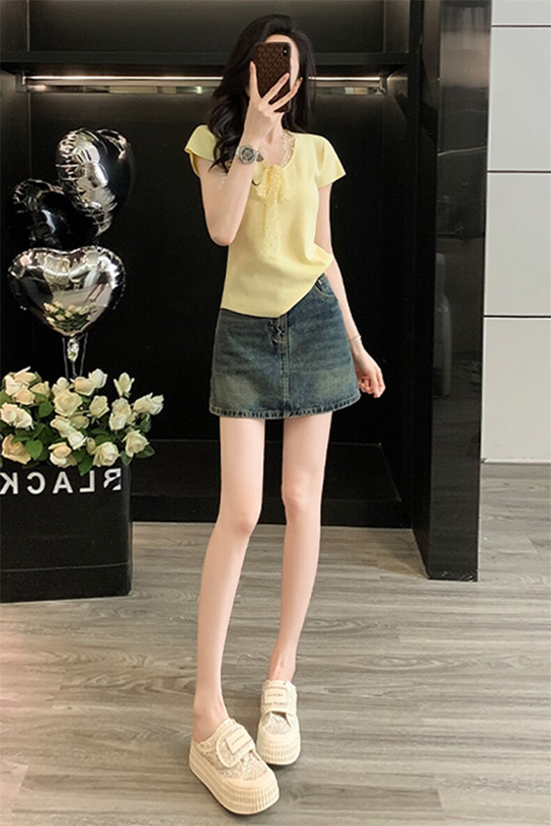 慵懒风时尚套装裙女夏季新款蕾丝拼接蝴蝶结针织衫牛仔短裙两件套,女装套装/套裙,江南