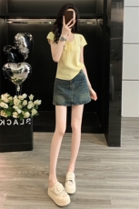 慵懒风时尚套装裙女夏季新款蕾丝拼接蝴蝶结针织衫牛仔短裙两件套，女装套装/套裙，江南