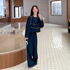 时尚显瘦牛仔套装女长裤2024新款韩版宽松百搭休闲两件套，女装套装/套裙，秋水欣儿