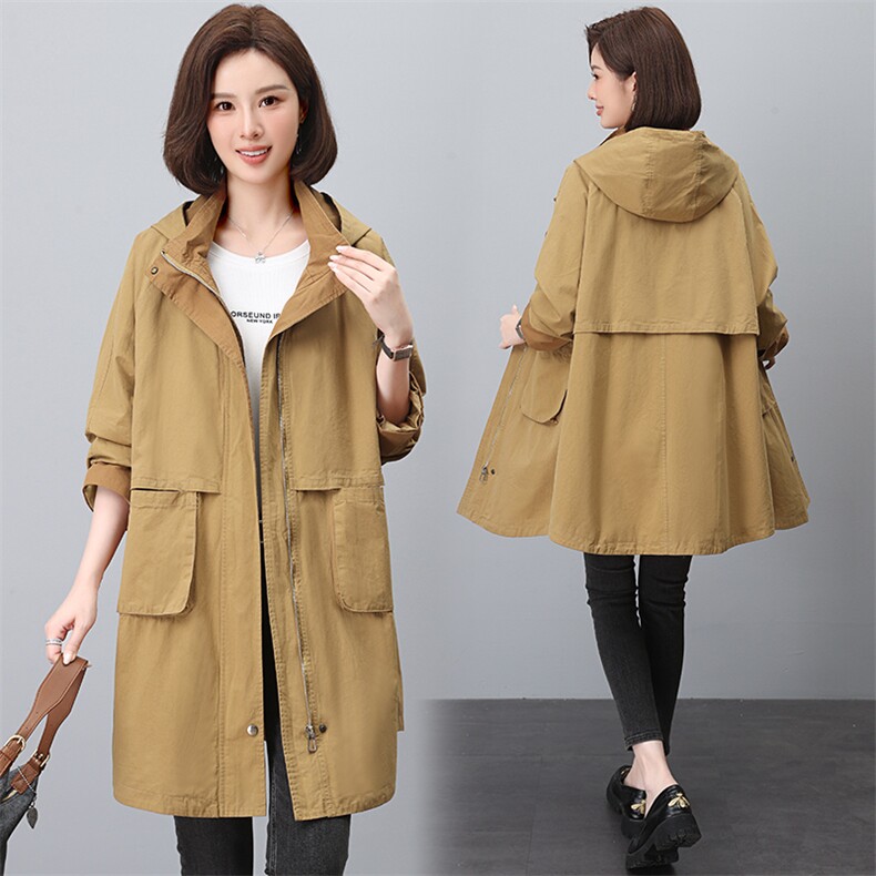 纯棉风衣外套女2025年春秋新款时尚休闲中年妈妈宽松大码工装大衣，女装风衣，江忆布依