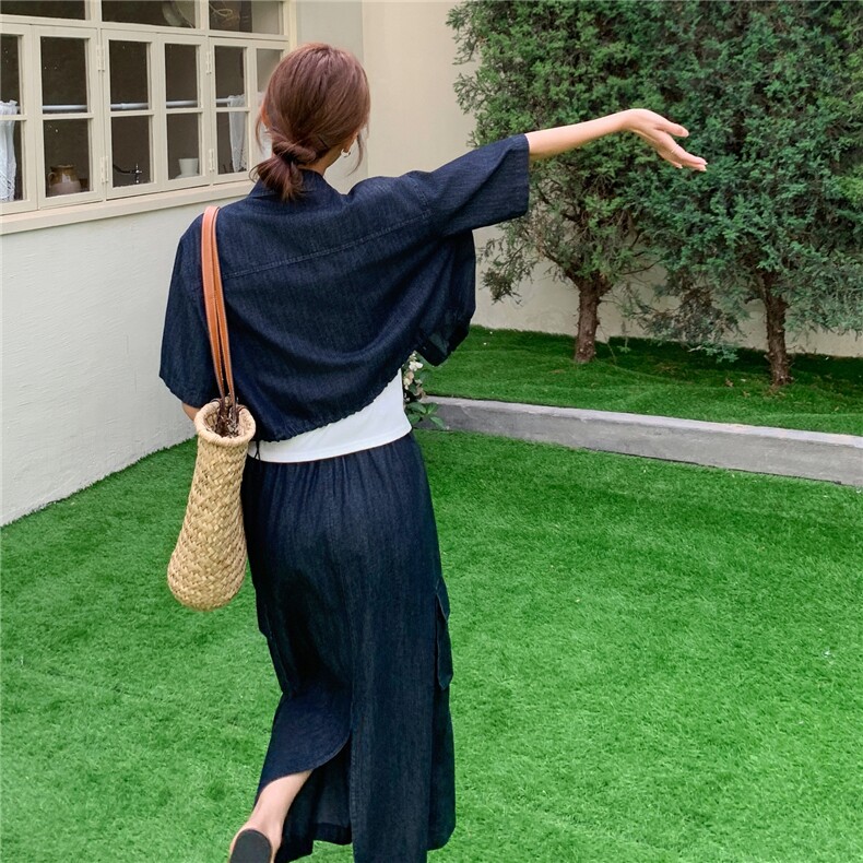 设计感休闲牛仔衬衫半身裙套装女2025夏季新款港风复古显瘦两件套,女装套装/套裙,2C375
