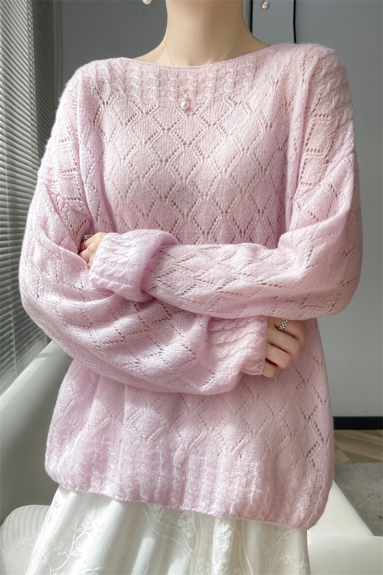 轻奢镂空纯高端山羊绒衫女菱形钩花长袖针织衫毛衣宽松羊毛衫打底,女装羊绒衫,多娇羊绒