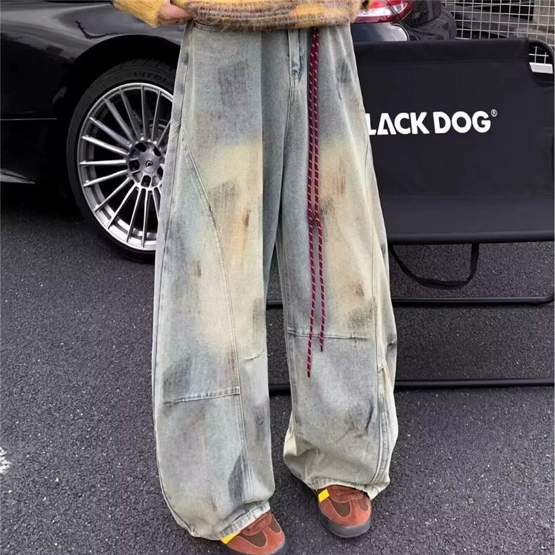 美式脏染水洗做旧直筒牛仔裤男女微喇复古宽松阔腿长裤拖地NZ864图片