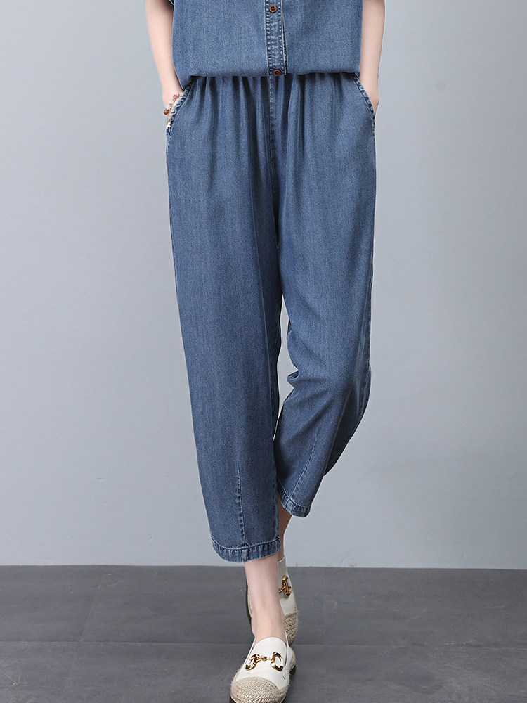 时尚宽松高腰牛仔裤女夏季新款显瘦百搭休闲九分裤，女装牛仔裤，悦见她
