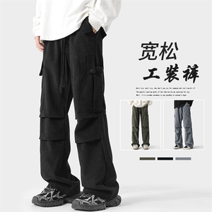 秋新美式高街复古灯芯绒大口袋工装裤男港风大码直筒裤K1167-P50图片