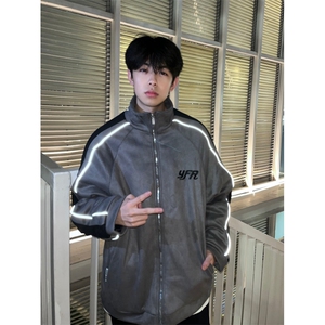 A457-P108 棒球棉服撞色拼接麂皮绒外套夹克棉衣刺绣反光条设计图片