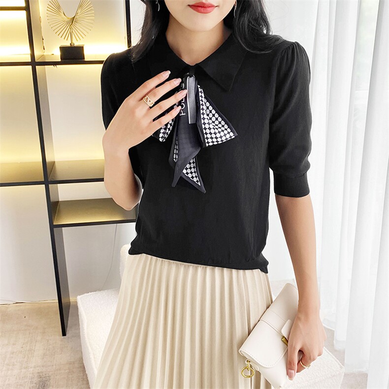 2023春夏羊绒纯色polo领短袖女套头薄针织打底衫短裤宽松丝巾短袖,针织衫/毛衣,佳绒包芯纱店
