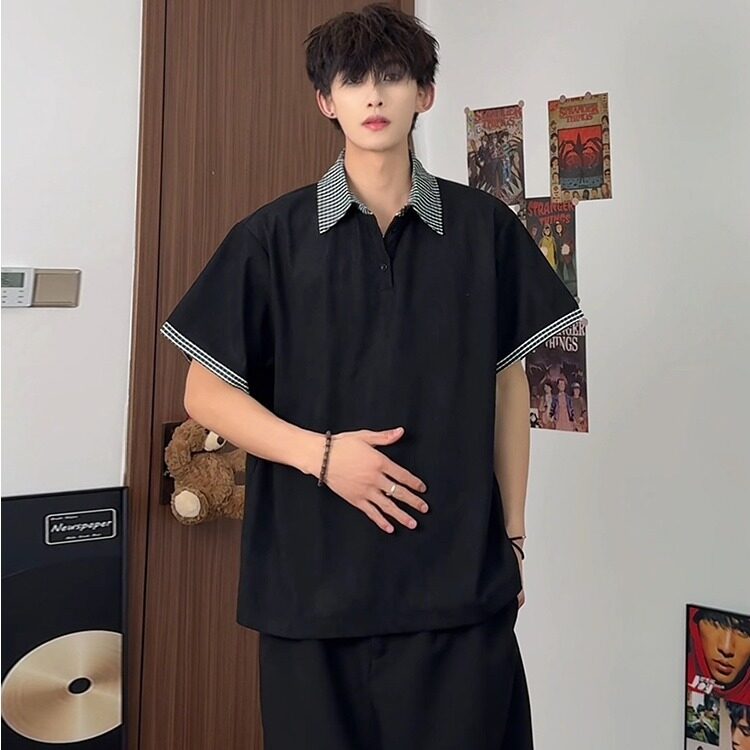 cleanfit假两件polo领短袖男款美式高街黑色T恤青少年五分半截袖,男装T恤,星座601-1