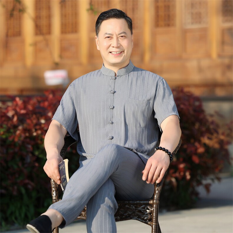中老年风唐装夏季短袖衬衫套装男士唐装中式盘扣短袖T恤图片