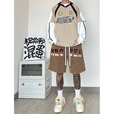 港风纯棉320G重磅水洗做旧印花短裤A014-DY2370-P50控68，男装牛仔裤，电商A014