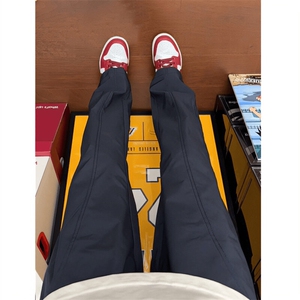 藏青色斜切微喇裤子男夏痞帅高级感休闲裤修身直筒户外速干运动裤图片