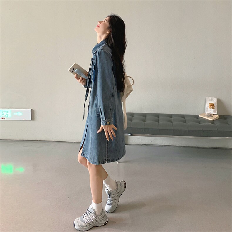 新中式牛仔连衣裙女2024春秋新款高端复古百搭衬衫裙,女装连衣裙,点滴