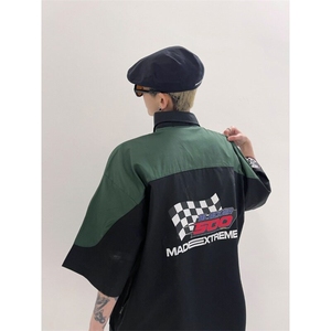 美式高街hiphop嘻哈赛车服短袖衬衫夏季潮牌机车POLO领短袖上衣图片