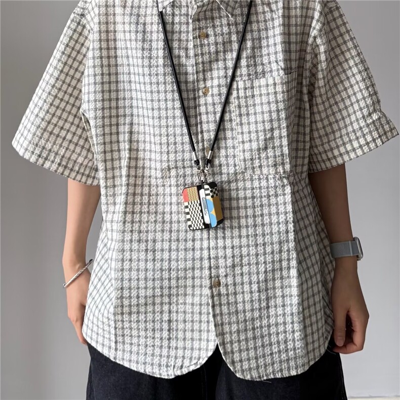 夏季新款日系复古蓝色格子短袖衬衫男女休闲宽松小众设计感衬衣潮,男装T恤,星座506A