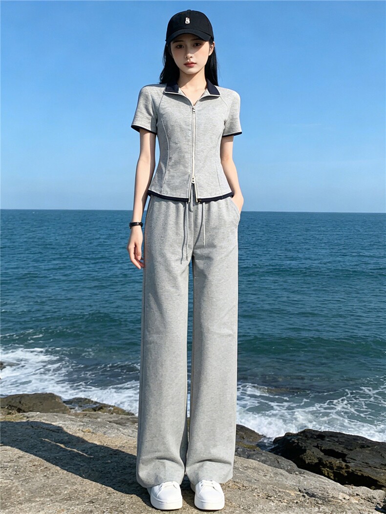 欧货时尚休闲运动套装女夏新款简约立领拼短袖上衣直筒长裤两件套,女装套装/套裙,江南