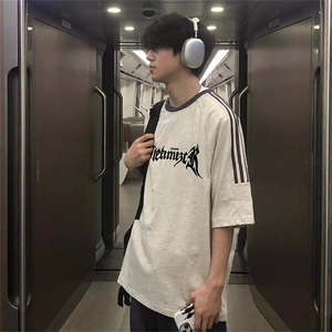 夏季美式高街重磅纯棉三条杠织带撞色男女短袖T恤ZD634-特P30图片