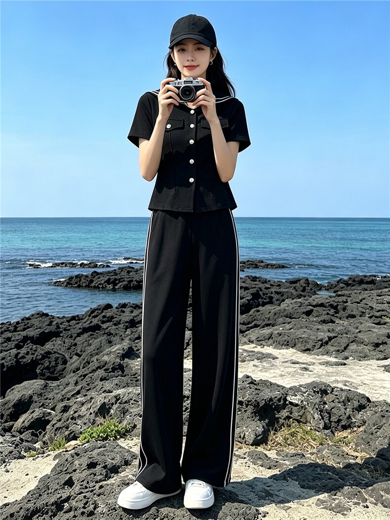 欧韩休闲运动套装女夏季新款撞色拼接海军领短袖上衣直筒裤两件套,女装套装/套裙,江南