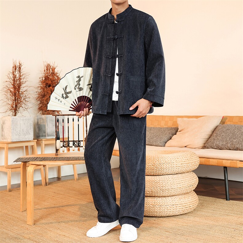 风厚款套装长袖立领盘扣男士纯色套装两件套秋DSA008-TZ2526,男装休闲套装,电商A008