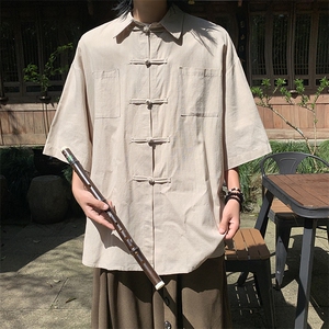 CS7122-P45特 控78 大码凉爽新中式侧面开衩盘扣复古衬衫外套图片