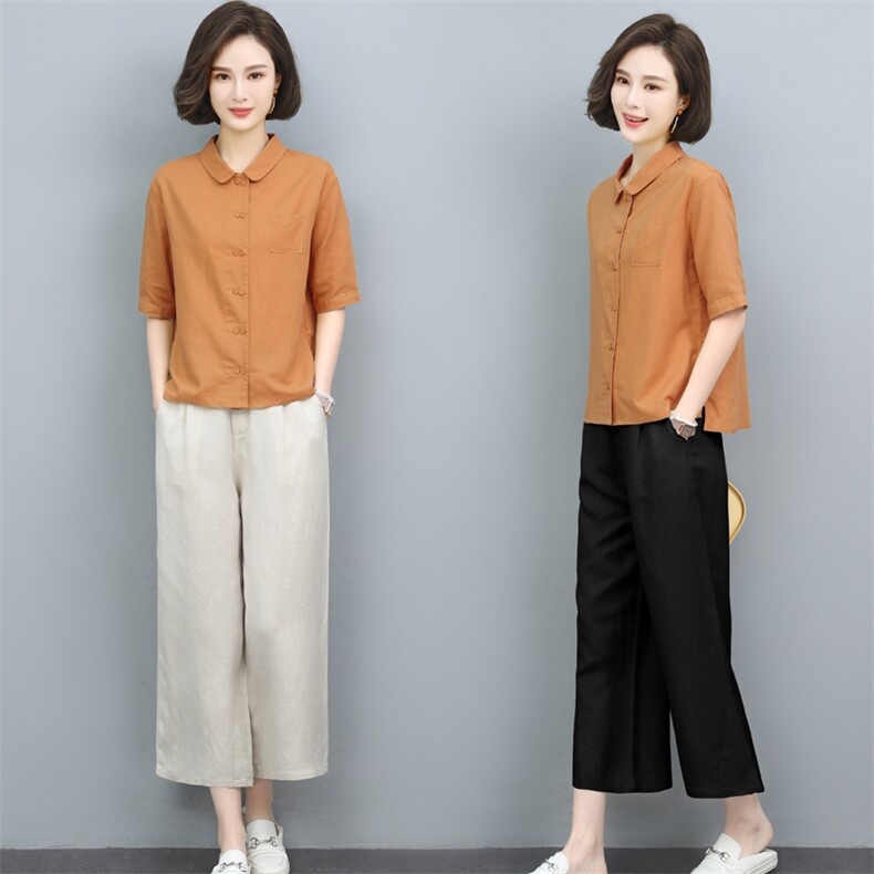 棉麻衬衫女夏季薄款2024年新款复古宽松中年妈妈气质休闲亚麻上衣，女装套装/套裙，璐依舞