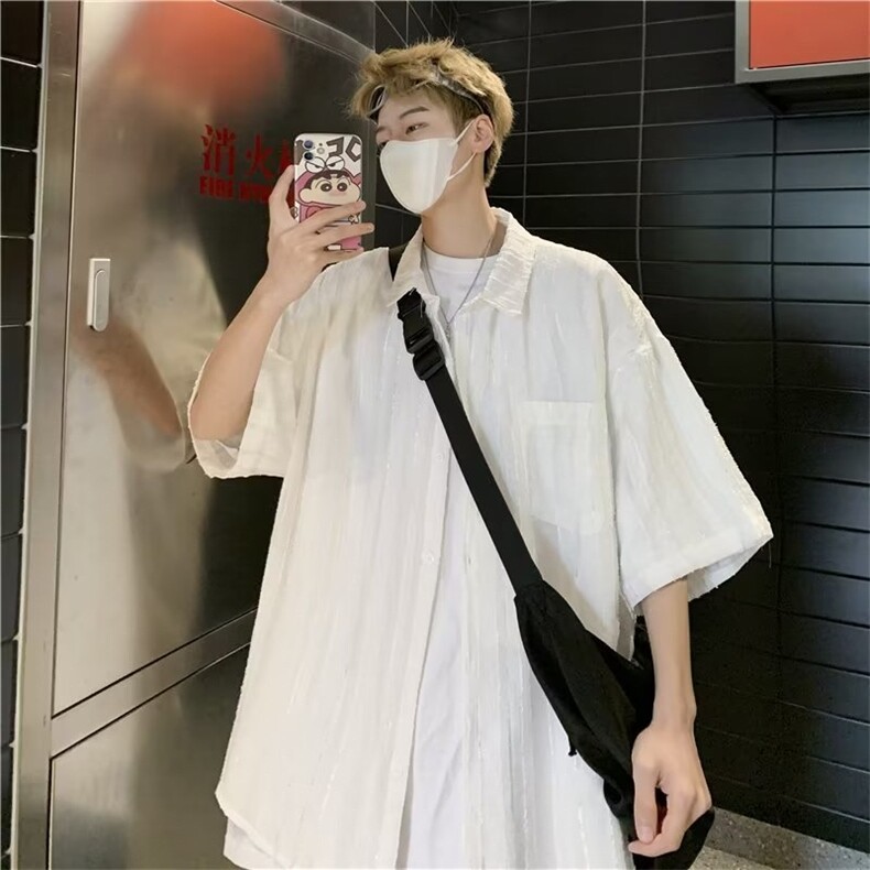 日系五分袖春夏季新款衬衫潮流慵懒男方领冰丝提花型衬衫W1256P35图片