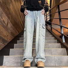 美式复古做旧黄泥染抽绳工装牛仔裤男女松紧腰宽松大码休闲直筒裤，男装牛仔裤，星座601-2