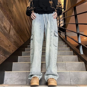 美式复古做旧黄泥染抽绳工装牛仔裤男女松紧腰宽松大码休闲直筒裤图片
