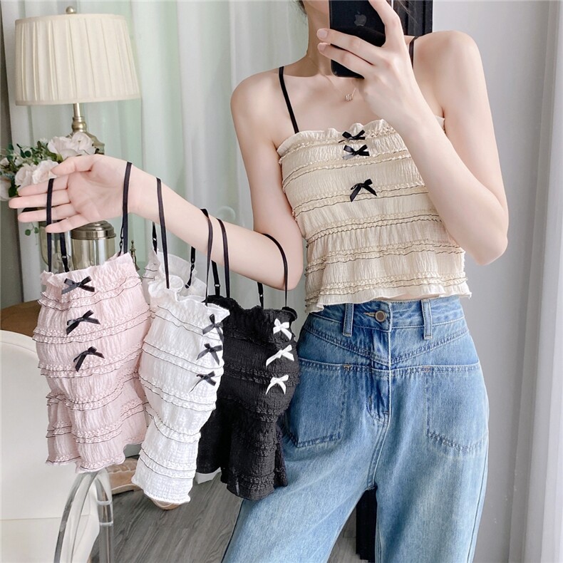 清纯温柔风蕾丝美背吊带背心性感裹胸蝴蝶结一体式带胸垫上衣，女装背心吊带，梦白服饰厂
