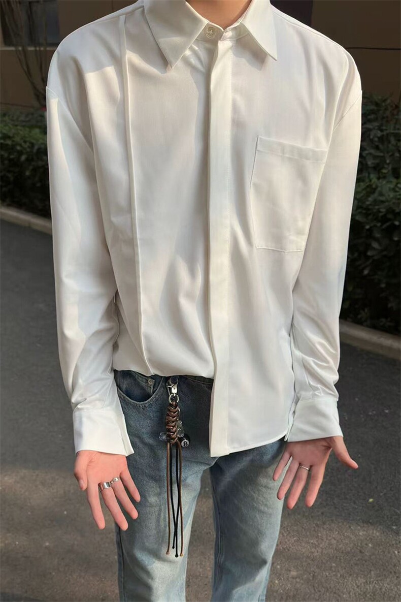 秋季设计感高级休闲白色衬衫男长袖免烫纯色内搭衬衣-C3388-P55,男装衬衫,电商B289