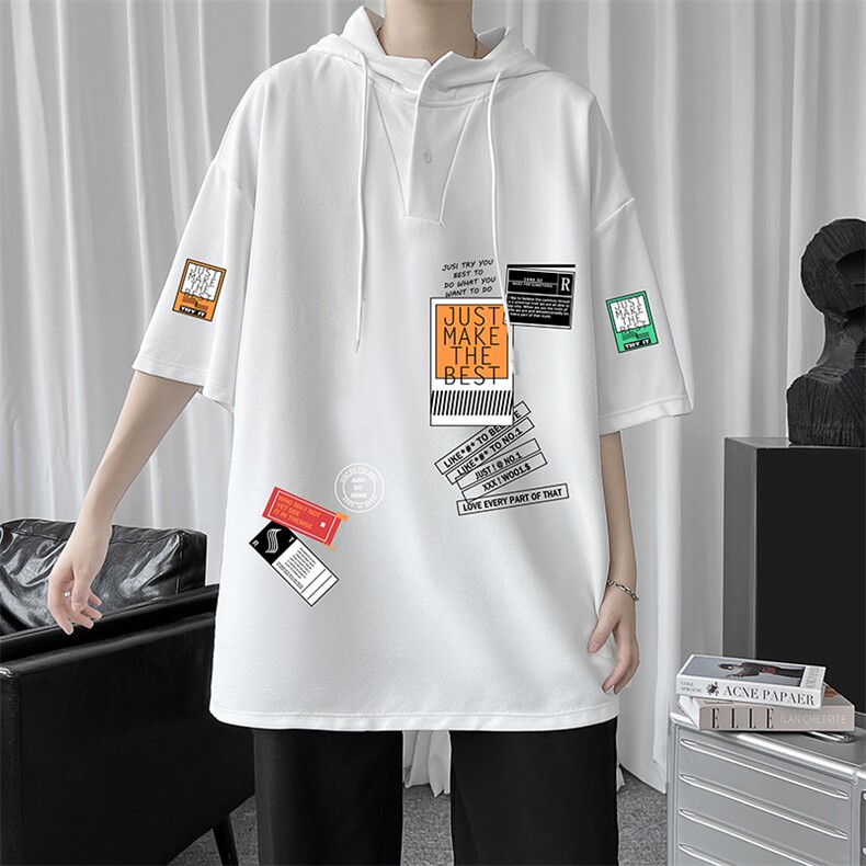 LD54121-P45连帽短袖t恤男大码胖子带帽五分袖中袖,男装T恤,电商A040
