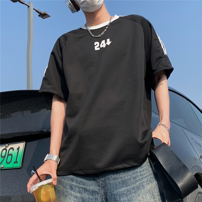 2026夏装新款薄款织带拼接短袖印花五分袖T恤T6606/特P30黑色,男装T恤,电商A094
