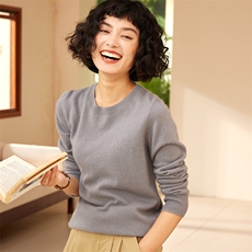 2025年秋季新款十二针平面圆领针织羊绒上衣时尚休闲通勤百搭，女装羊绒衫，高粱穗羊绒